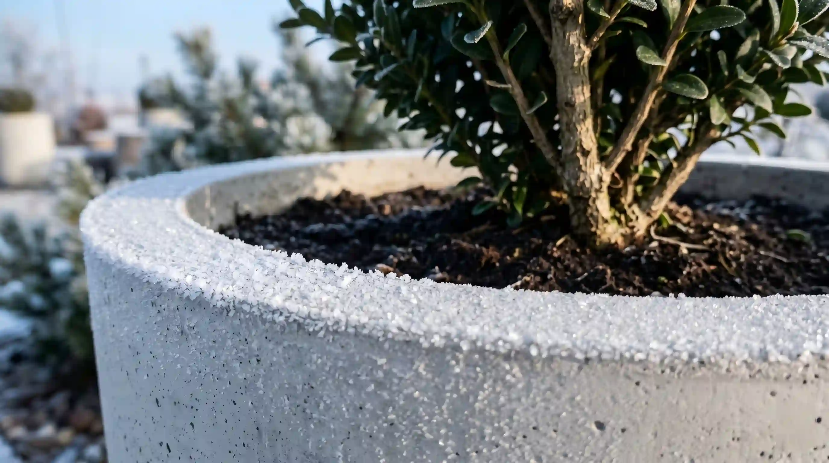 Close up of GRC commercial planter demonstrating thermal mass and frost protection for winter plants